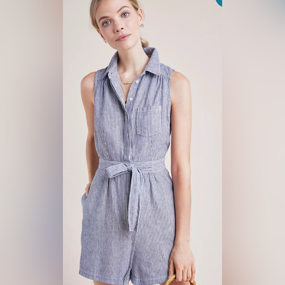 Anthropologie Collared Playsuit Blue Striped Sleeveless Belted Romper Size 10